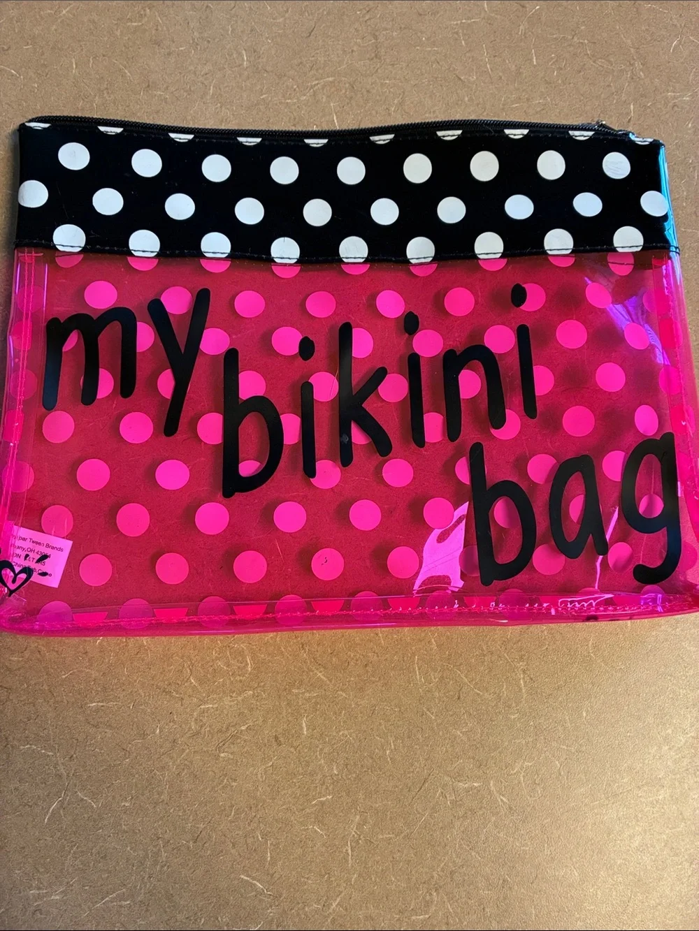 Justice Hot Pink Polka Dot Clear Bikini Pouch with Black Trim